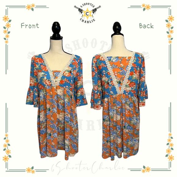 Umgee Boho Dress Sz Small Mixed Flower Print Flounce Lace Trim Bell Sleeve Multi - Picture 1 of 7